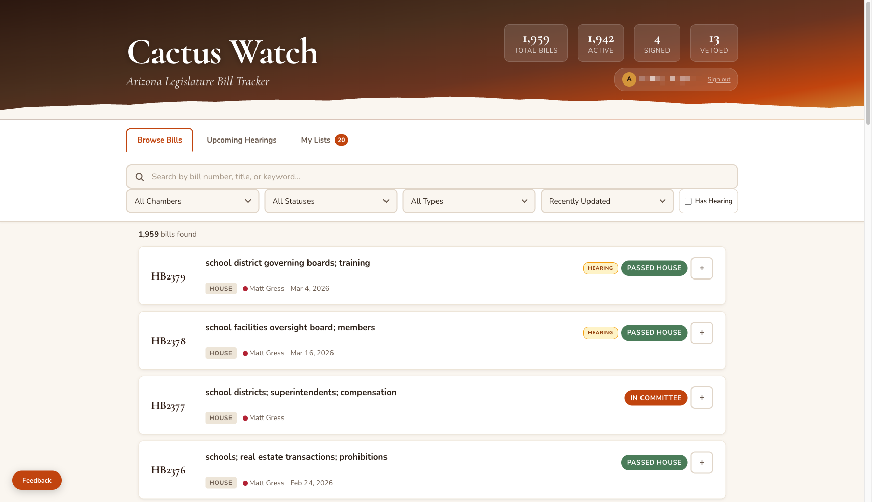 Cactus Watch home page showing the Browse Bills tab with search and filter options. The header displays session statistics: total bills, active bills, signed, and vetoed counts.