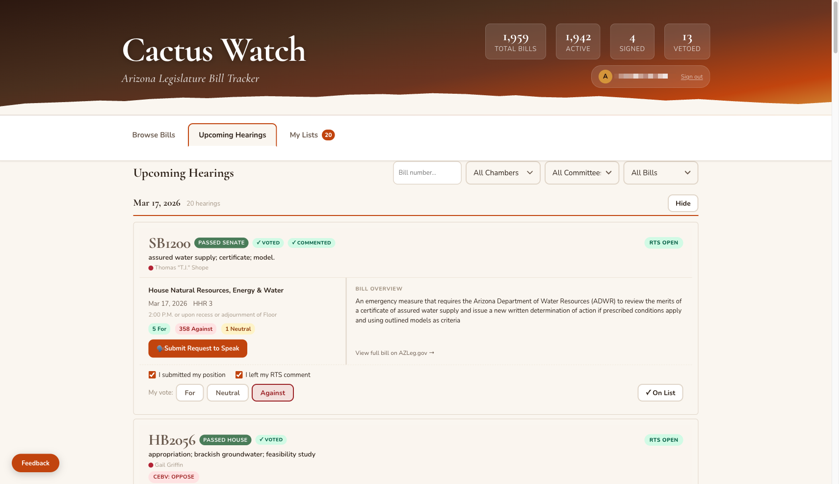Upcoming Hearings tab showing hearing cards grouped by date, with bill information, committee details, RTS position tallies, bill overview text, and action checkboxes.