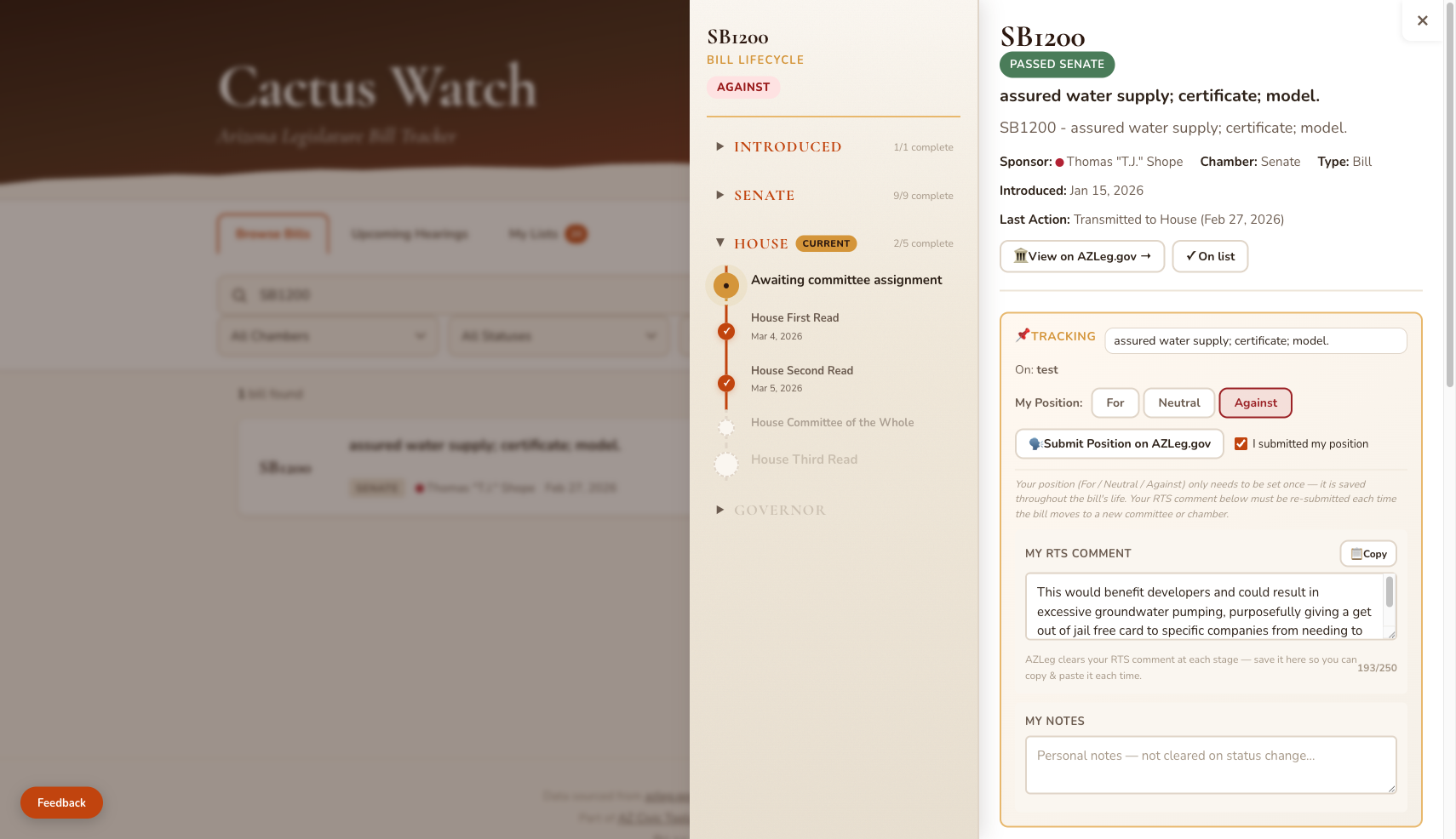 Bill detail page for SB1200 showing the bill lifecycle timeline on the left and tracking section on the right with position buttons, RTS comment area, and notes.