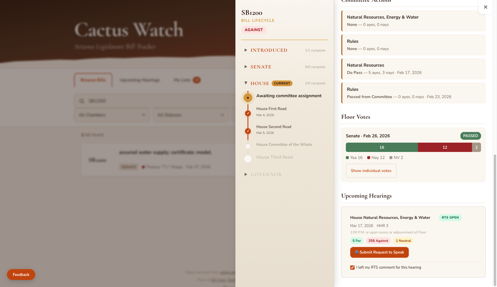 Bill detail page scrolled to show committee actions, floor votes with a visual bar chart, and upcoming hearings section with committee name, date, time, RTS position tallies, and Submit Request to Speak button.