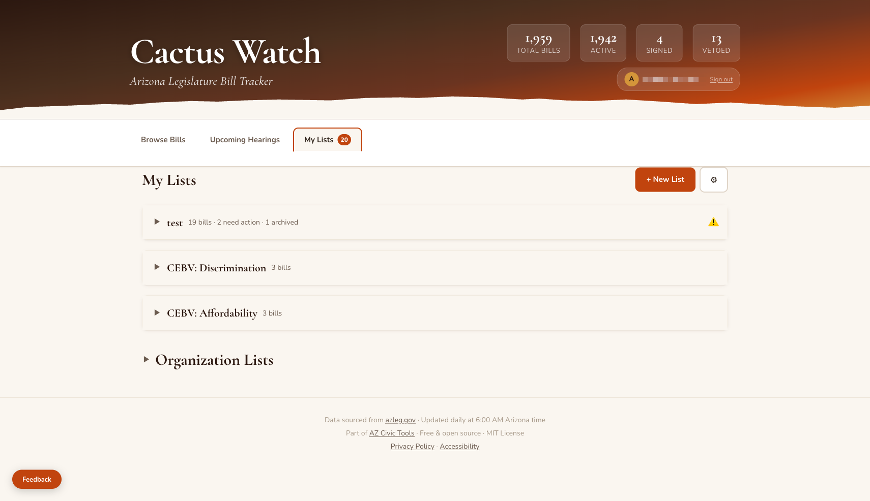 My Lists page showing personal lists and organization-sourced lists like CEBV: Discrimination and CEBV: Affordability, with a collapsible Organization Lists section at the bottom.