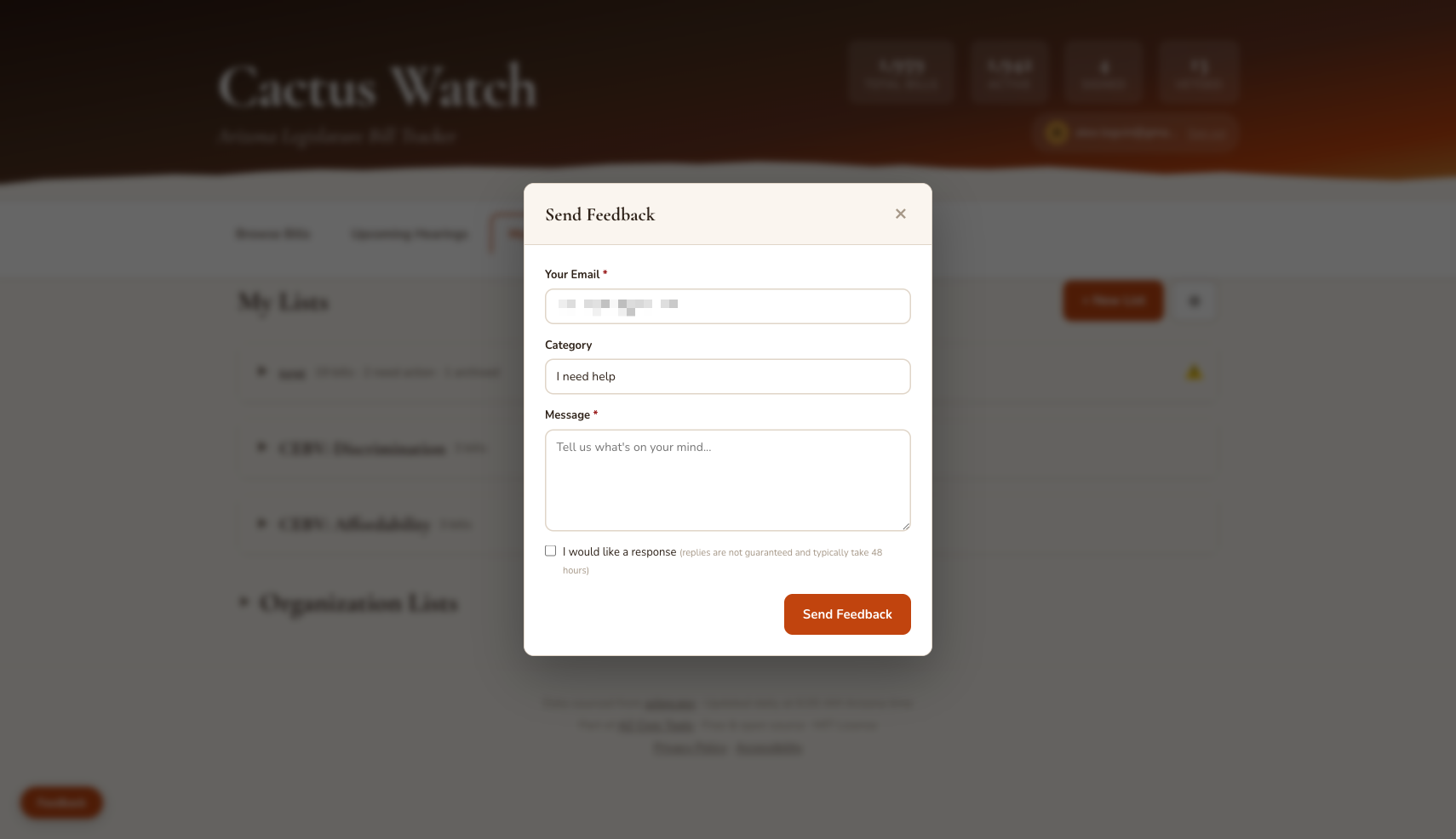 Feedback modal with email field, category dropdown, message text area, and a checkbox for requesting a response.